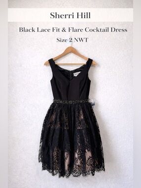 Sherri Hill Black Lace Fit & Flare Cocktail Dress Size 2 NWT